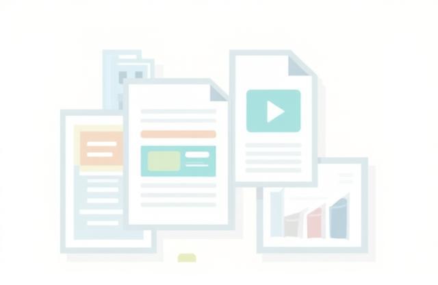 Graphic showing stacked documents and a video icon, representing diverse learning resources.
