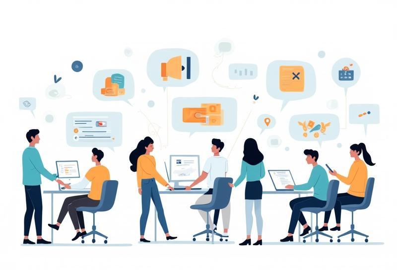 Illustration depicting people collaborating and using technology for support.